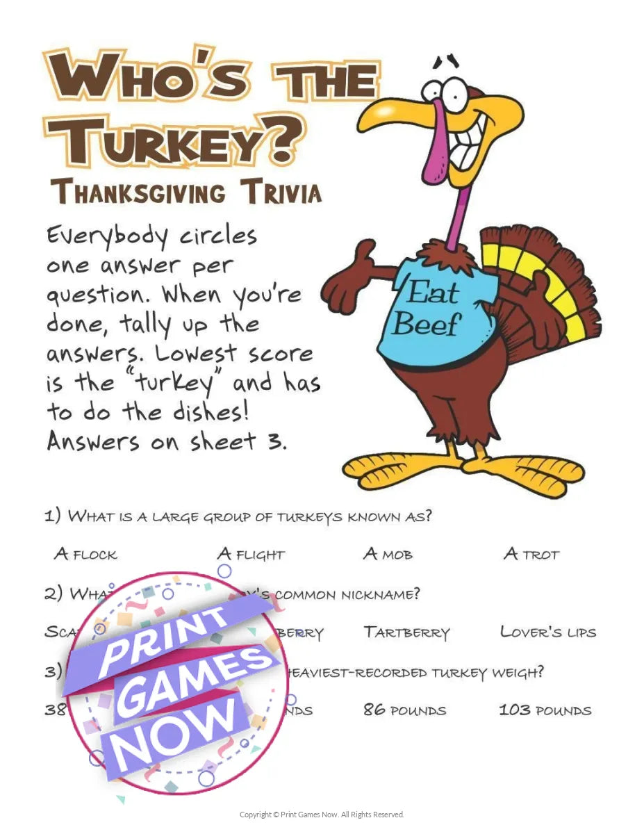 Thanksgiving Whos the Turkey? Trivia Party Game