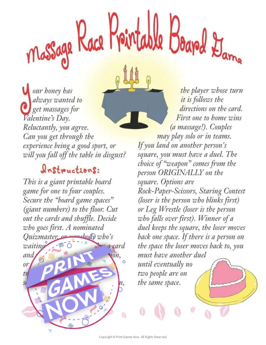 Valentines Day Massage Race Printable Board Party Game