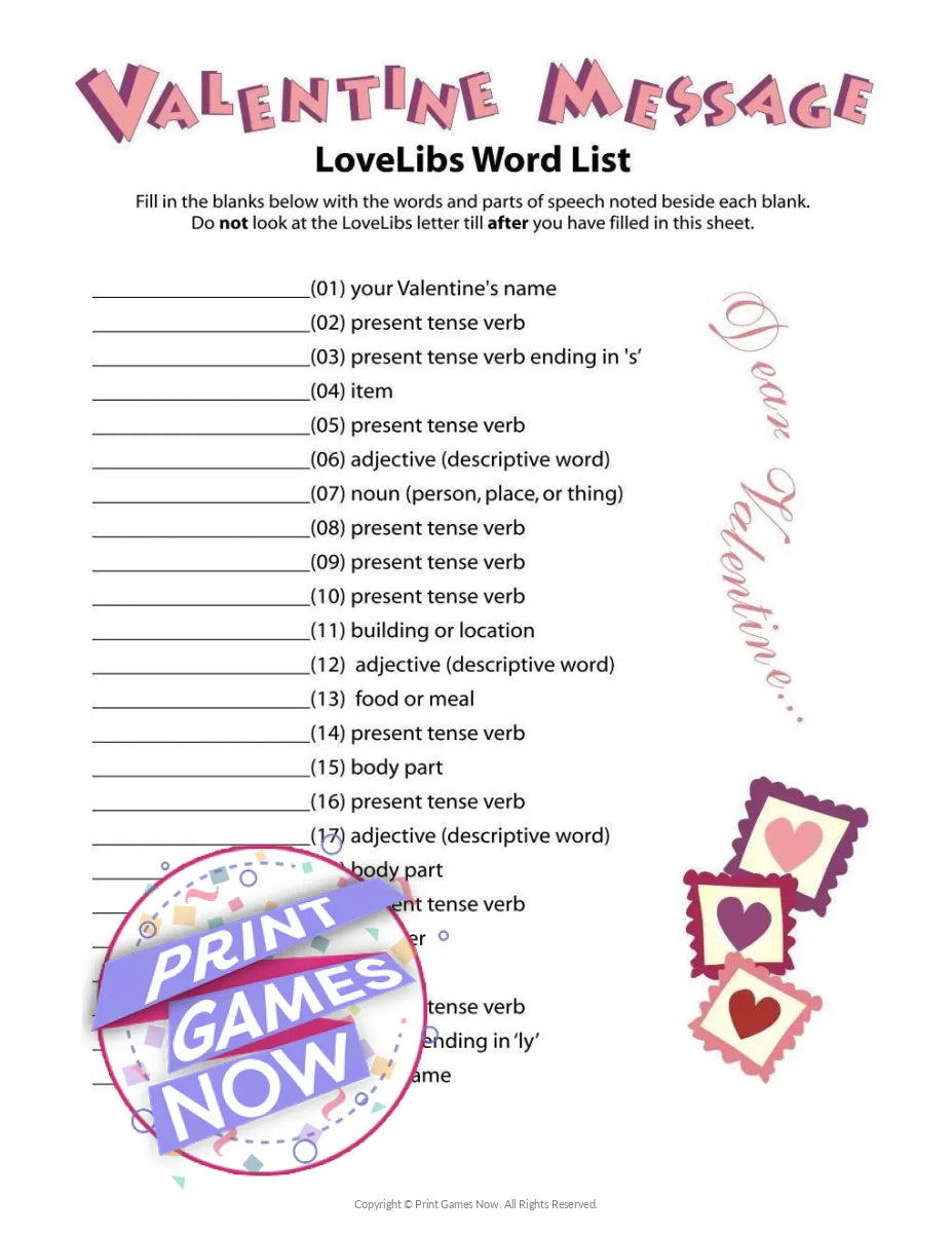 Valentines Day Valentines Message Love Libs Party Game