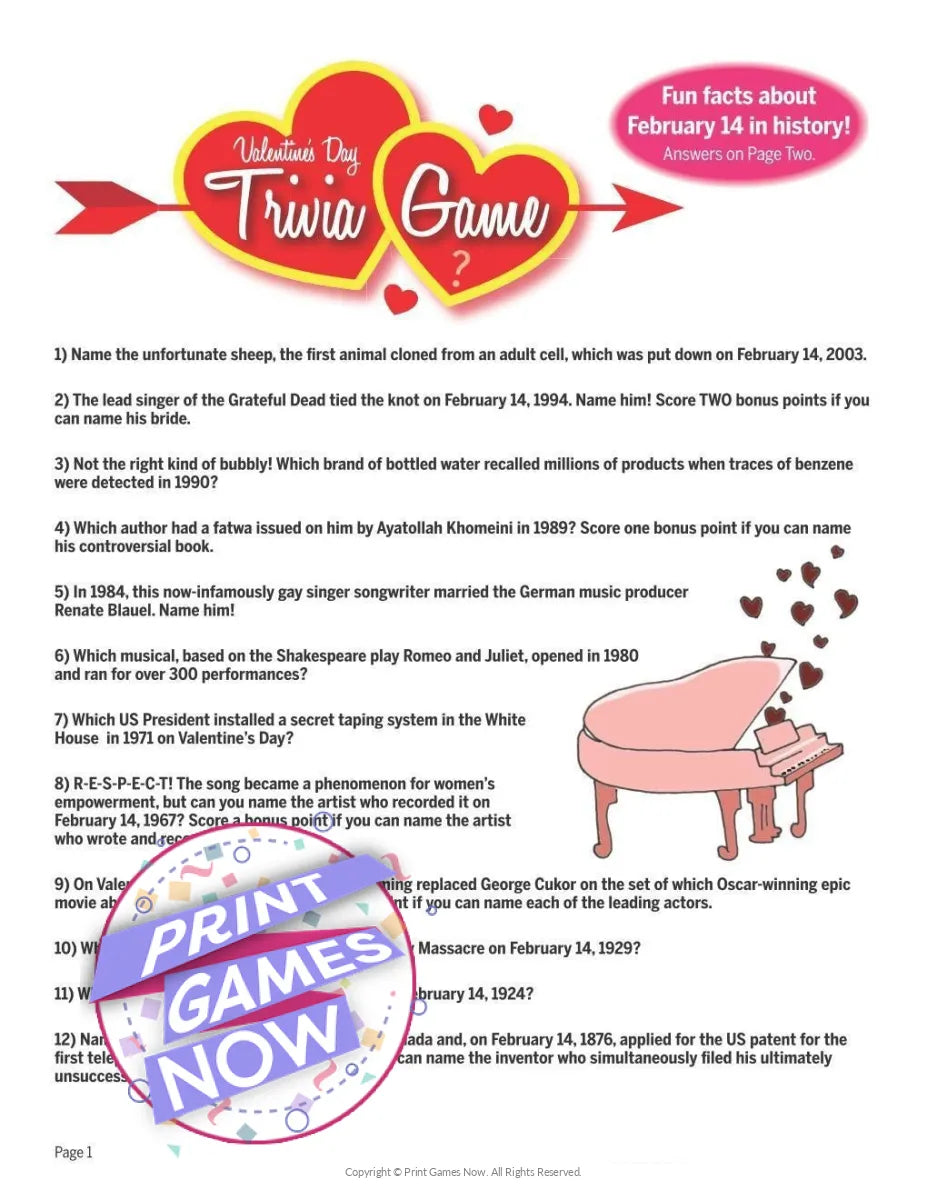 Valentines Day Trivia II Party Game