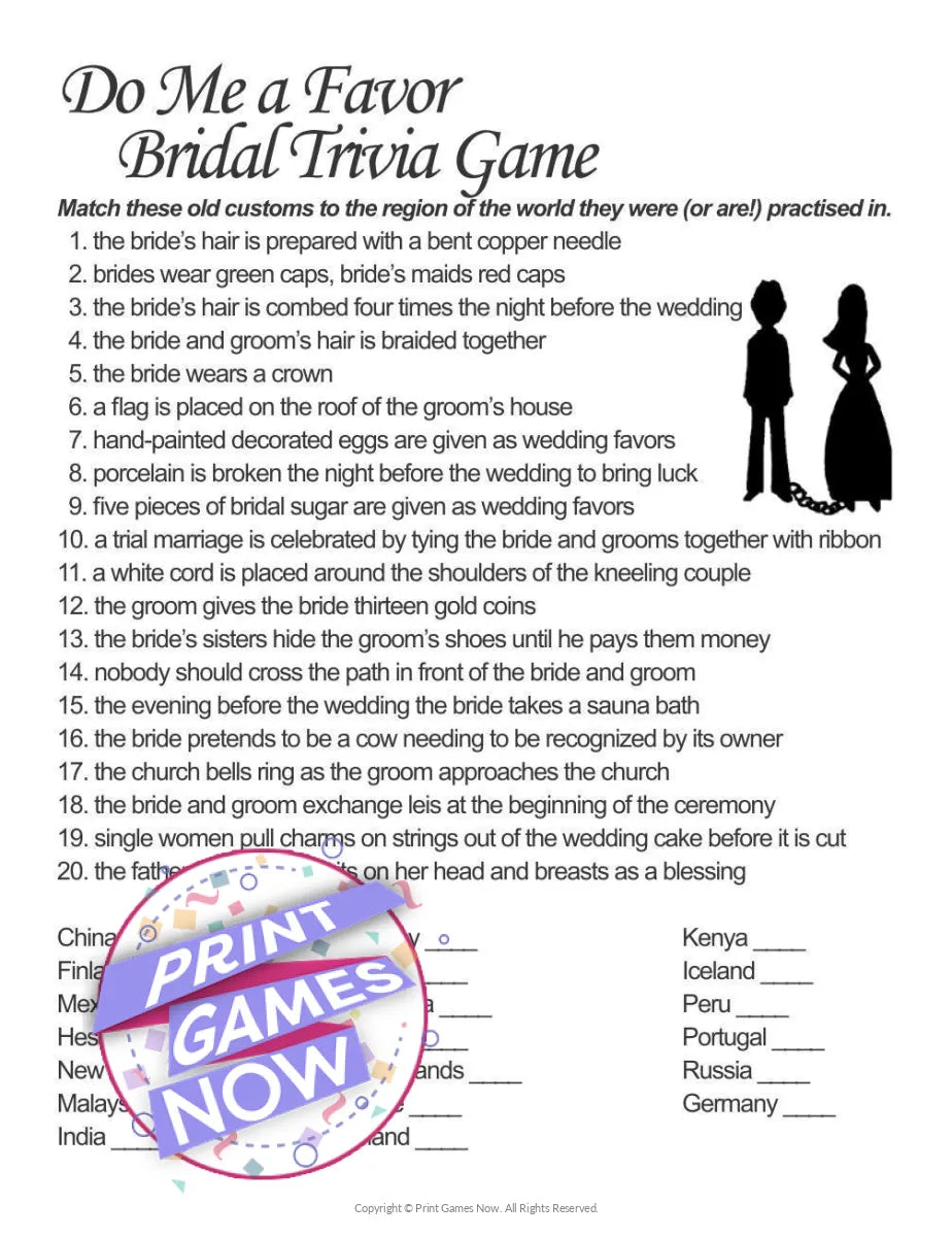 Wedding Trivia Do Me A Favor Party Game