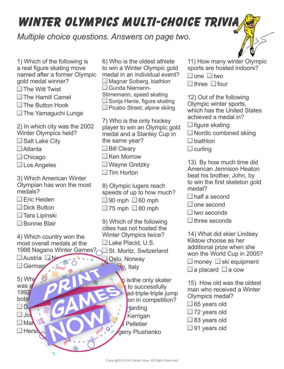 Winter Olympic Multiple Choice Trivia Party Game