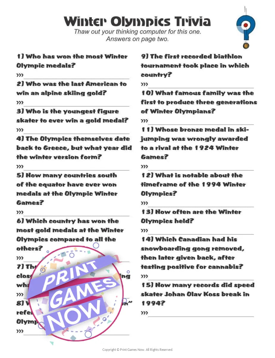 Winter Olympic Trivia Party Game