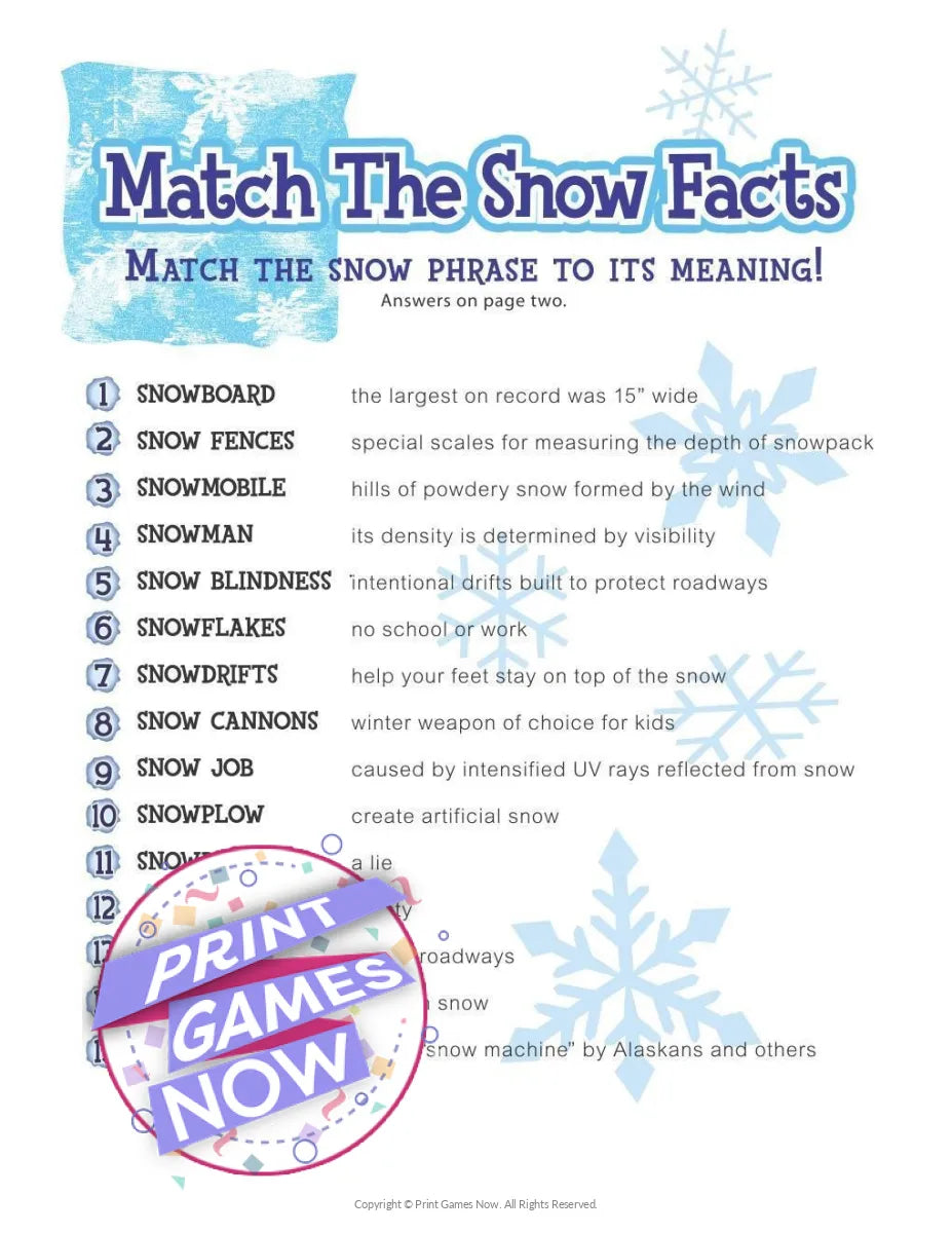 Winter Snow Facts Match Party Game