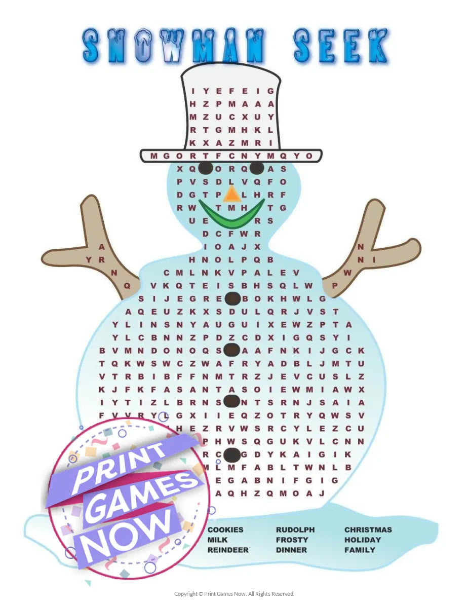 Winter Snowman Seek Word Search Party Game