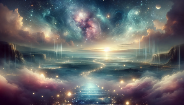 Serene and mystical landscape symbolizing the spiritual journey in connecting with spirit guides, featuring a cosmic sky and ethereal pathways