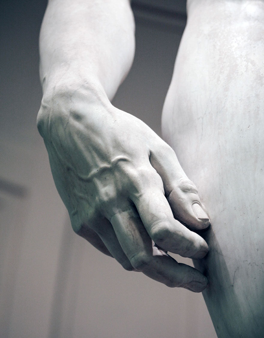 Michelangelo's David Up Close: Focus on the softy milk texture on the hands made with Carrara Marble