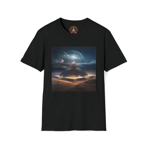 Cameron's Journey to the Eclipse at The Egyptian Pyramids - Visionary Psychedelic Ai Art Men's and Women's Unisex Soft Style T-Shirt for Festival and Street Wear