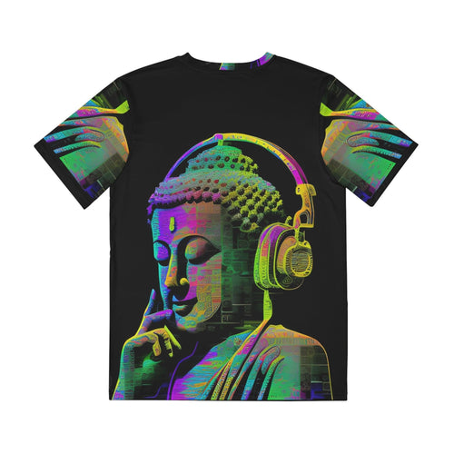 Meta Zen Music Buddha Subtle Smile Sublimation Men's / Unisex Polyester Digital AI Art T- Shirt (AOP) for Street or  Festival Wear