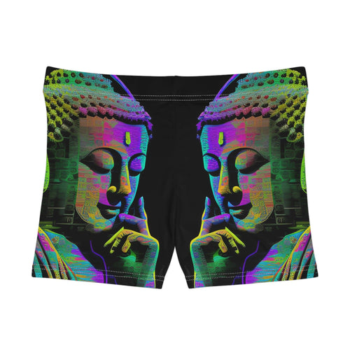 Subtle Buddha Smiling Wearing Headphone - Women's Shorts (AOP) - for Activewear or Yogawear