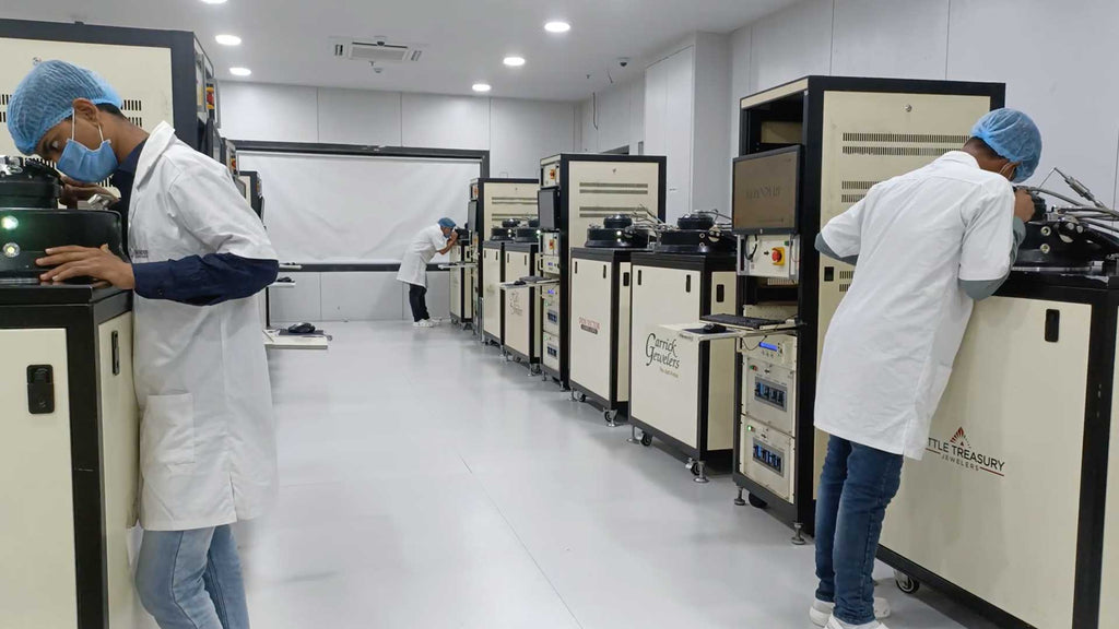 Workers in a Lab checking machines, creating lab grown diamonds