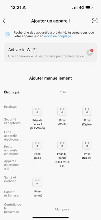 Interface pour ajouter un appareil ajouter ampoule application