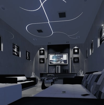 grand motif lumineux au plafond d'un salon, avec des bandeaux LED