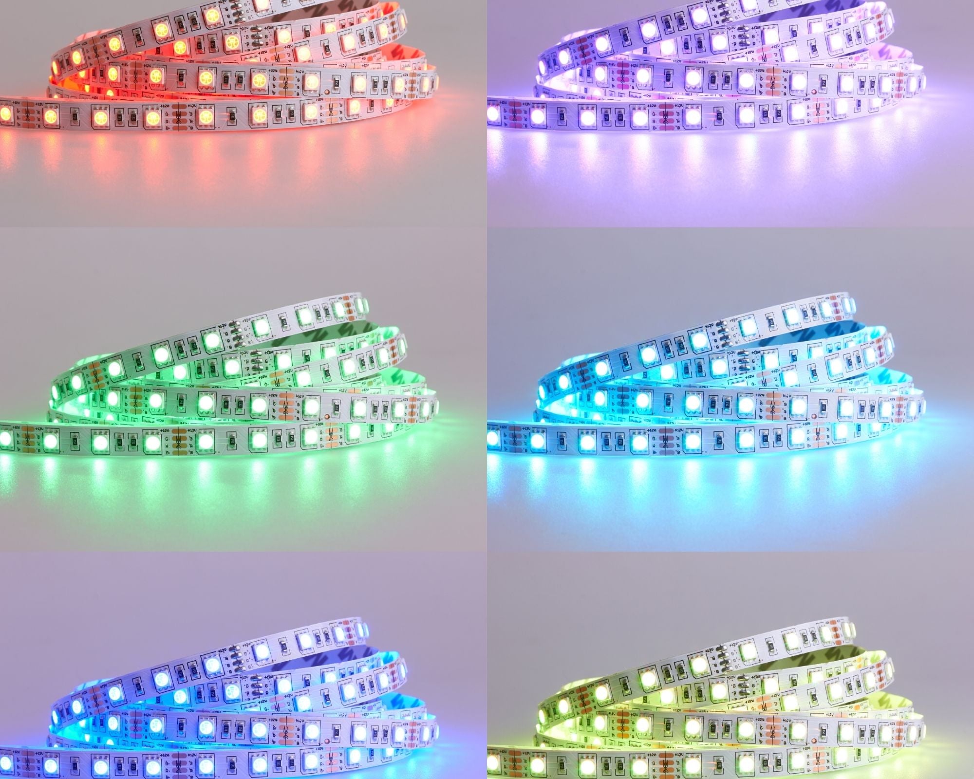 6 rubans LED de couleur différente : rouge, vert, bleu, violet, jaune