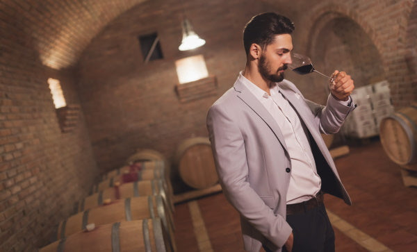 suspension luminaire blanche au plafond d'une cave à vin avec murs en pierre, et un homme qui déguste un verre