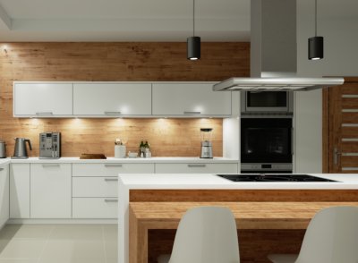 suspensions luminaires au-dessus du plan de travail central d'une cuisine design blanche et en bois