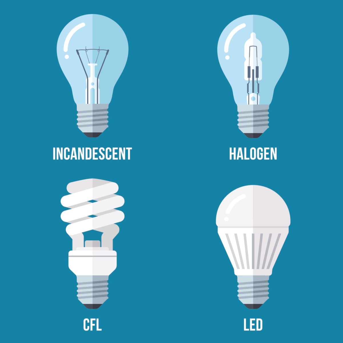présentation de quatres types d'ampoules sur fond bleu : incandescence, halogène, fluocompacte et LED