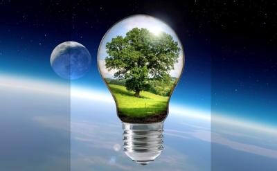ampoule écologique, avec de l'herbe et un arbre à l'intérieur, sur fond de planète terre