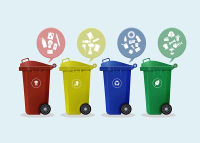 4 poubelles de collecte de déchets : ampoules, aliments, platiques, verre