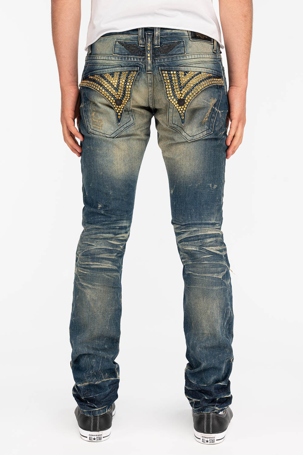 CROSSED OUT LONG FLAP MENS JEANS WITH CRYSTALS IN 4D DARK BROKEN - Robins Jean product image