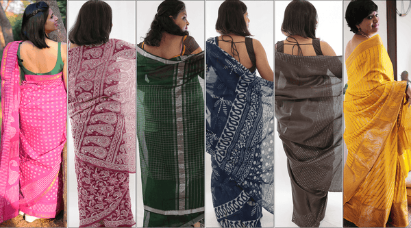 Female models wearing Seven Sarees indicating sarees from various Geographical regions of India.