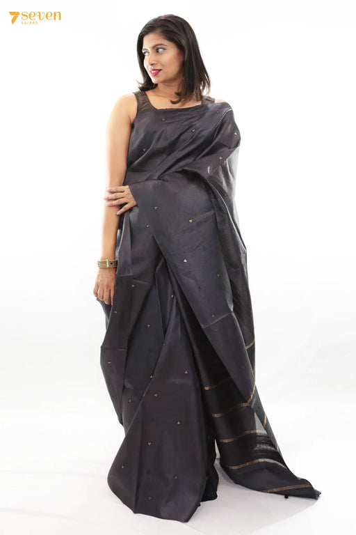 Raven Black Woven Jamdani Tussar Silk Saree - Urban Womania