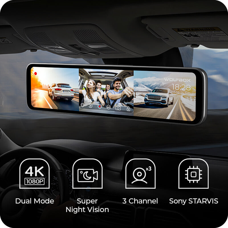 Wolfbox G890 12 Inch 3 Channel Rear View Mirror 4K Dash Cam