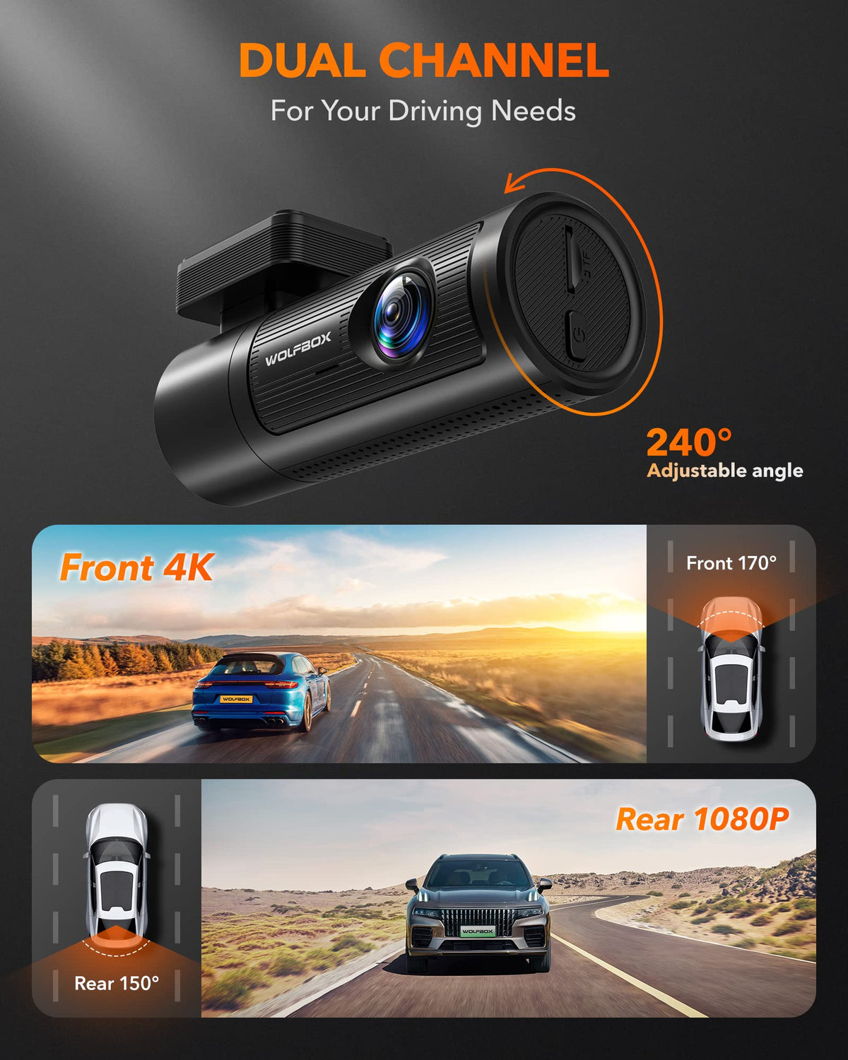 WOLFBOX D07 4k Dash Cam Front And Rear Car Camera