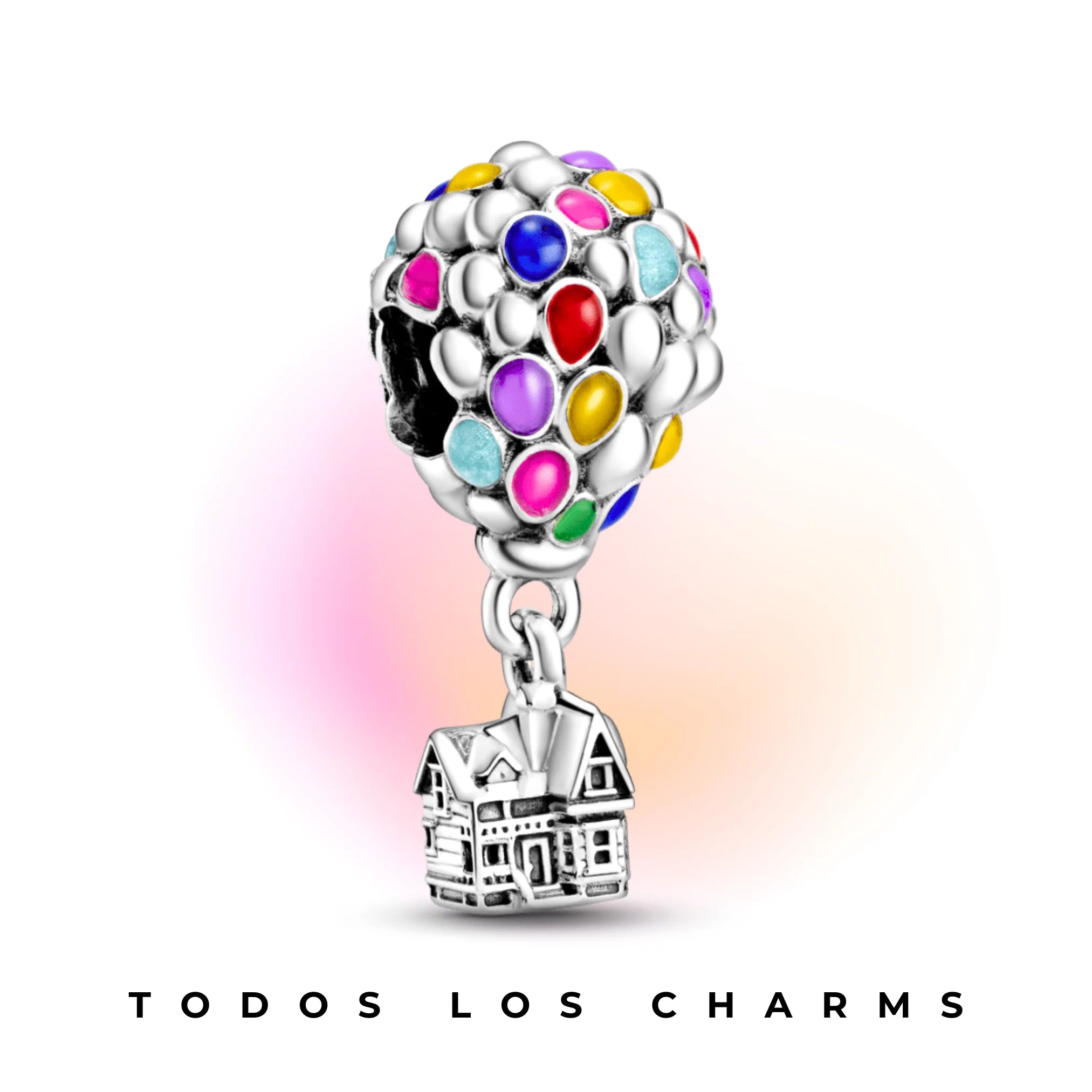Colorful balloon charm with attached silver house on a gradient background.