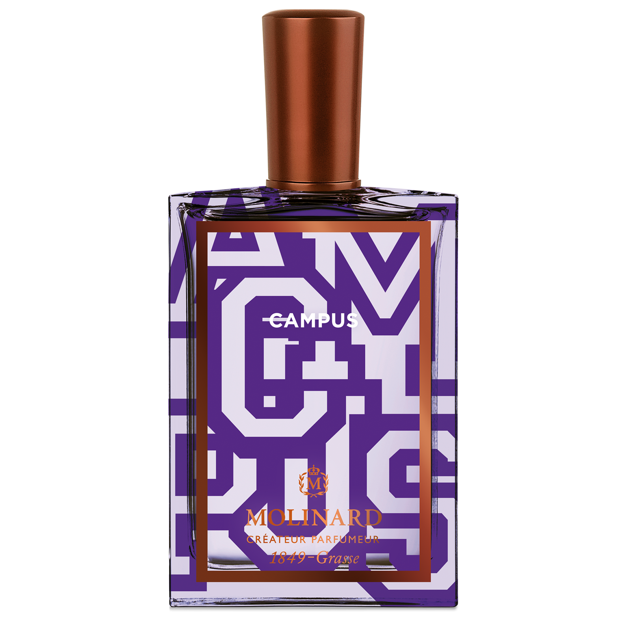 Bottle of 'Campus' perfume by Molinard with geometric purple pattern and copper cap.