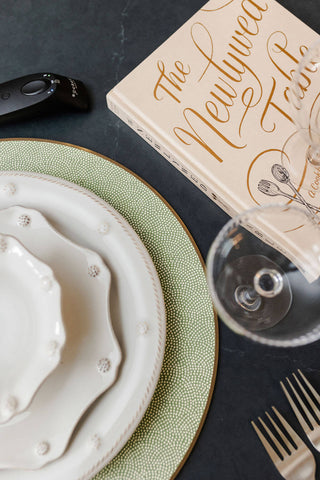 white dinner plate collection and newlywed book