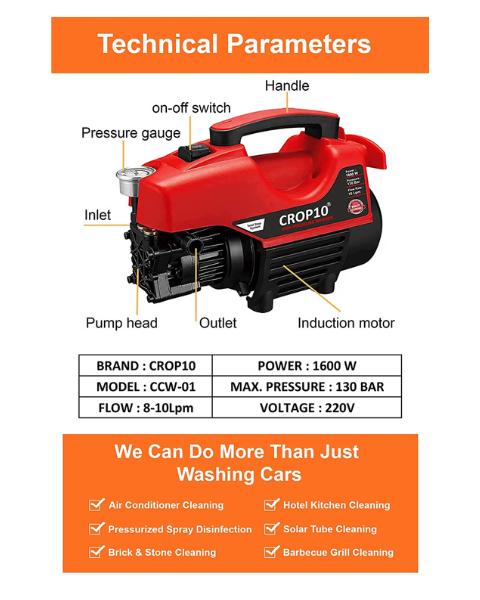 CROP-10 1600W ELECTRIC PORTABLE HIGH PRESSURE CAR WASHER MACHINE | IMPLEMENTS product  Image