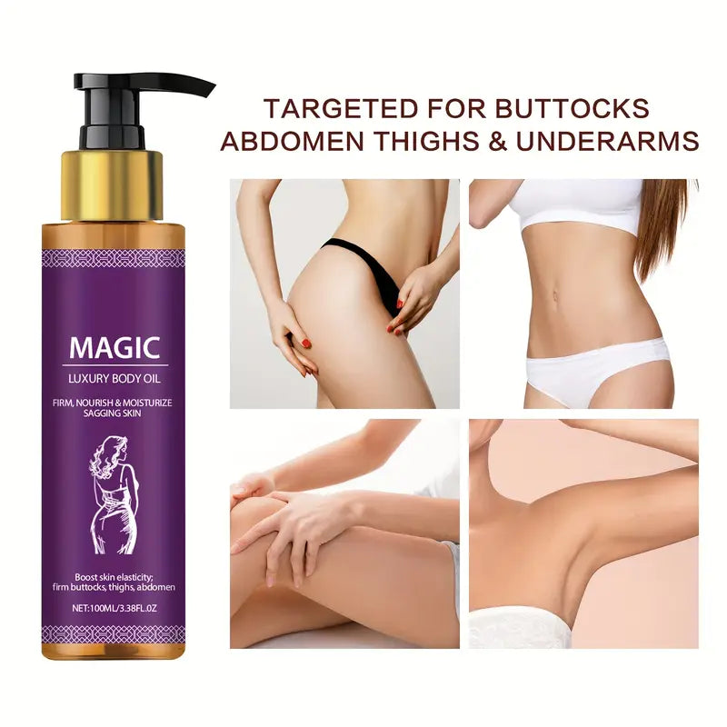 ulei de masaj magic   pentru fermitate corporală 100ml cu unt de shea și   - ulei hipoalergenic fără parfum nutritiv pentru toate tipurile, întărește și hidratează coapsele, șolduri, abdomenul, subrațe, îmbunătățește circulația, design elegant al sticlei, infuzat cu   Detaliile articolului 2