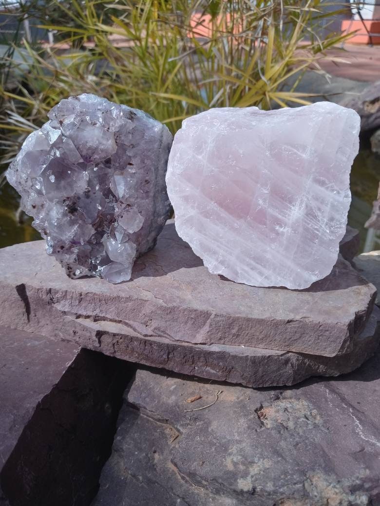 Amethyst Crystal Cluster & Polished Rose Quartz Crystal Set. Free Standing Crystal Gift Set.