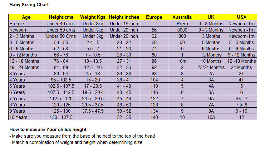 size chart for children