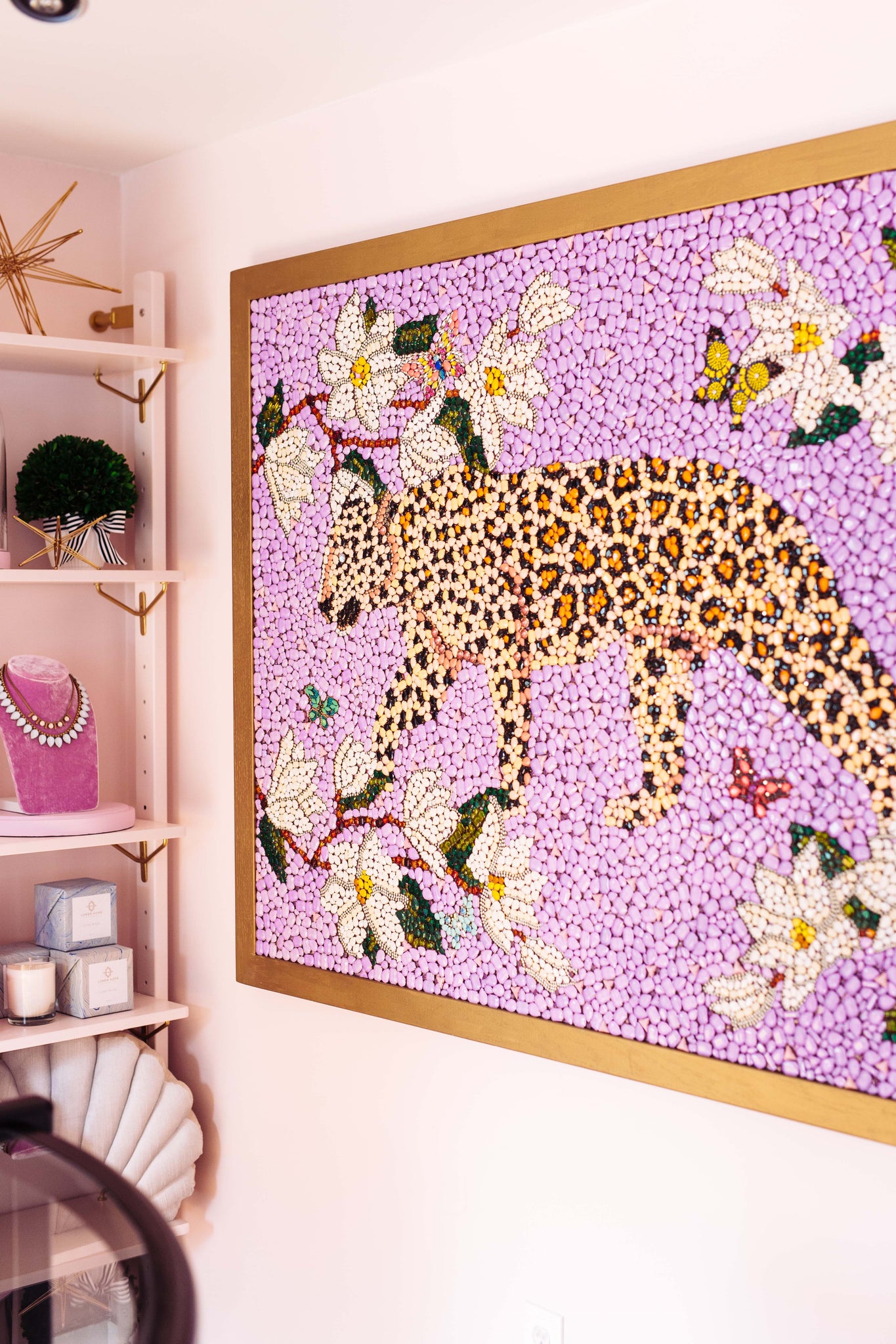 Lola the Leopard, Jeweled mosaic, Loren Hope flagship, Newport RI