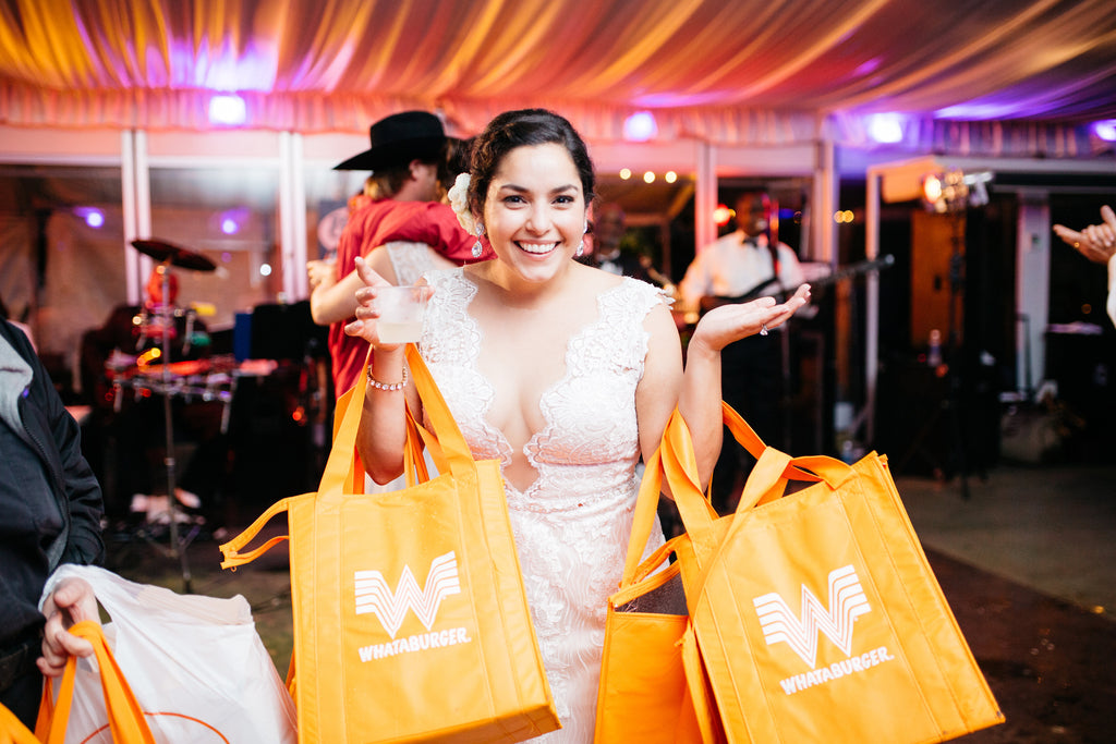 Bride, whataburger, late night snack, wedding reception, party