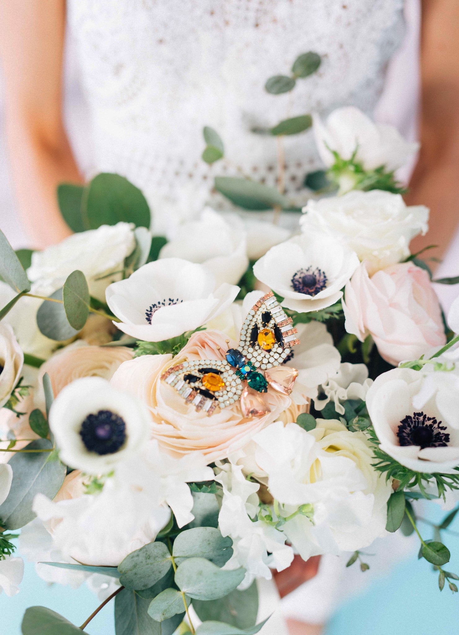 Loren Hope Butterfly Brooch Wedding Day Bridal Bouquet Anemones