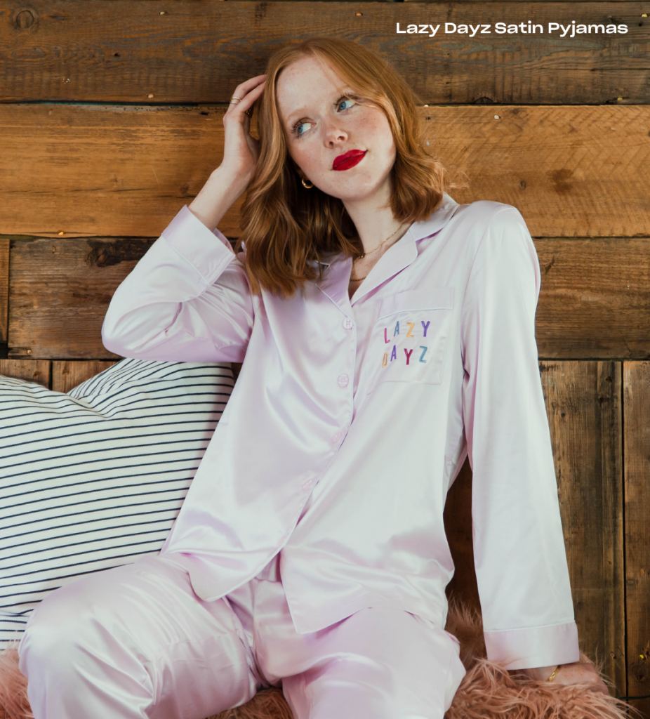 Satin pale pink lazy days embroidered pyjama set from rock on ruby