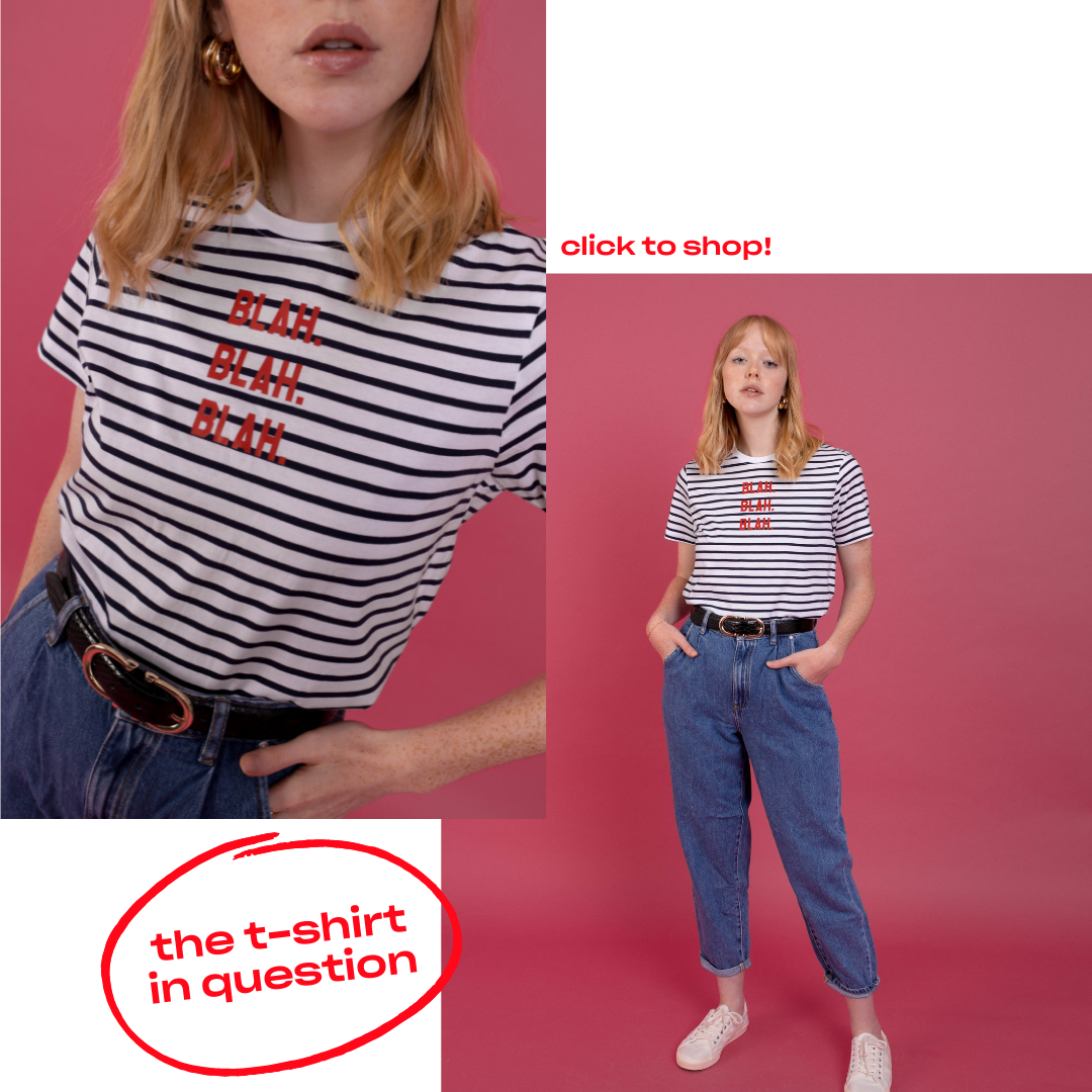 navy and white Breton stripe t-shirt with slogan that quotes Blah Blah Blah in red text from Rock On Ruby