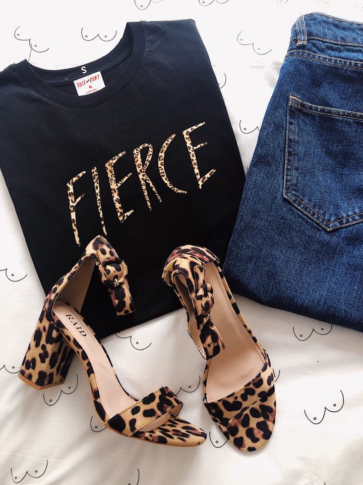 Fairwear slogan T shirt from Rock On Ruby with Leopard Print design style with Mom Jeans and Heels