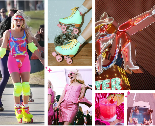 Barbie inspired mood board showing image of margot robbie rollerskating, disco balls, cowgirl neon light and pink cocktails