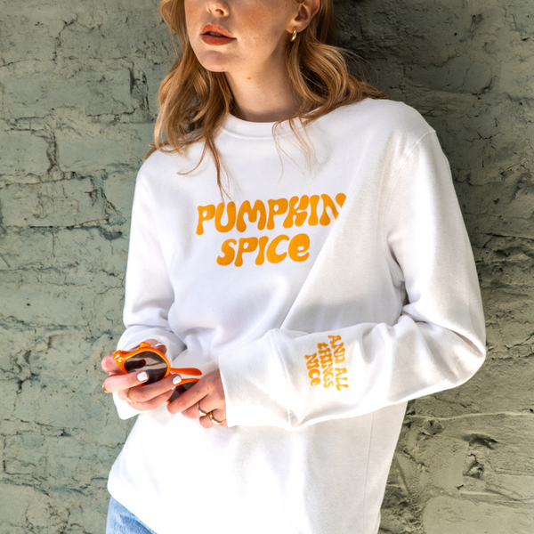 pumpkin spice slogan sweatshirt in white and orange