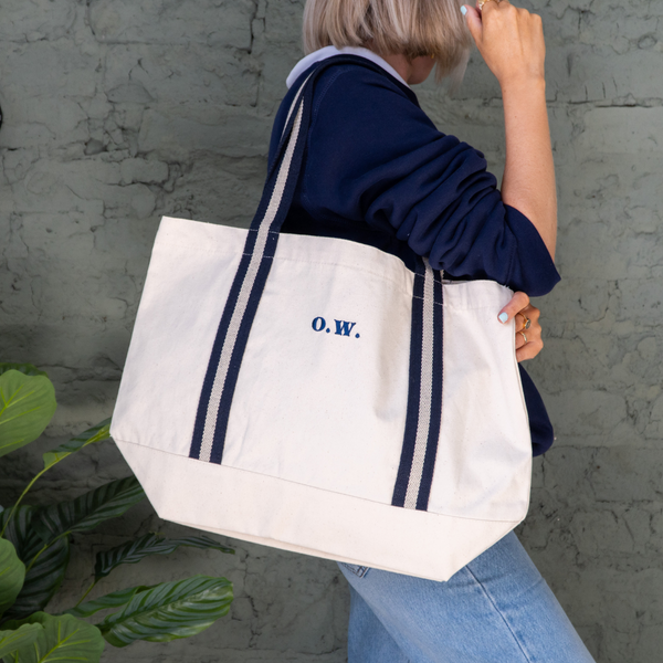 personalised embroidered initial boat bag in cream and navy