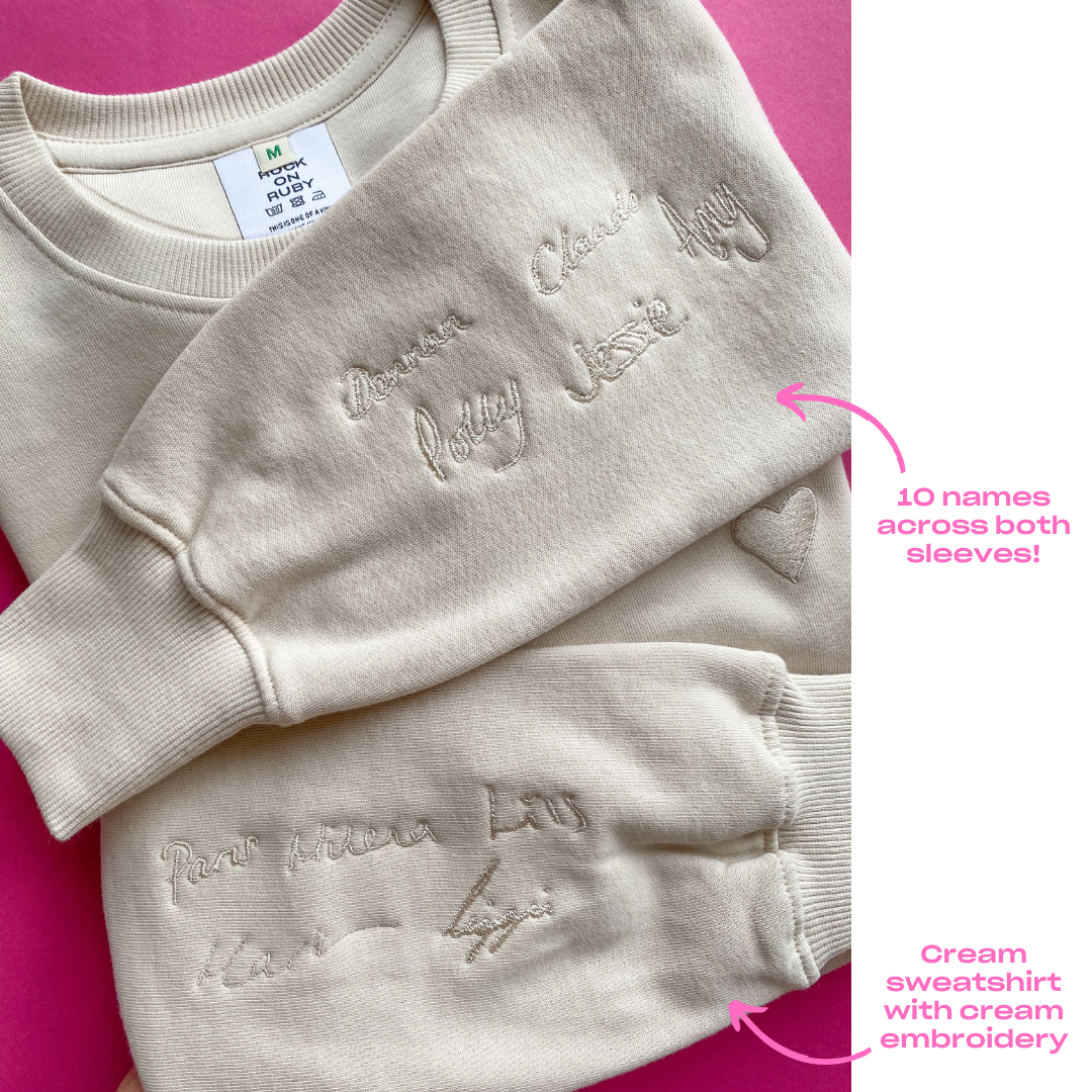 cream custom personalised embroidered handwriting sleeve sweater