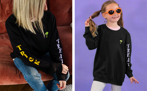 trick or treat matching slogan sweatshirts for adult and child