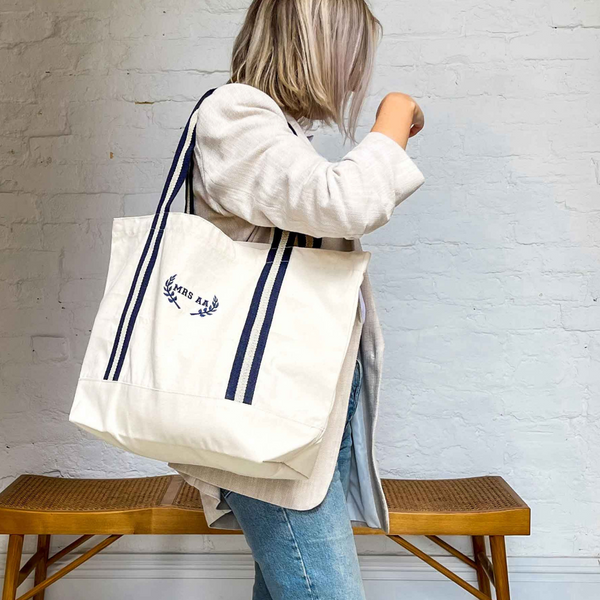large boat bag in canvas and navy embroidered with personalised 'Mrs AA' initials