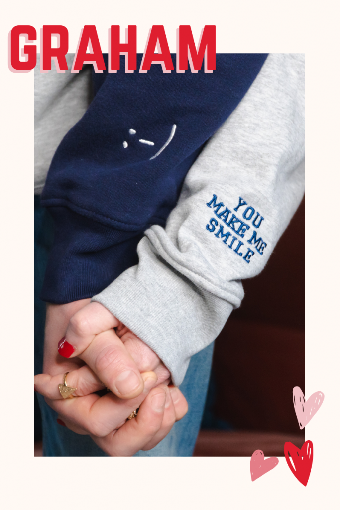 Rock on ruby you make me smile matching couples sweatshirt set in navy and grey