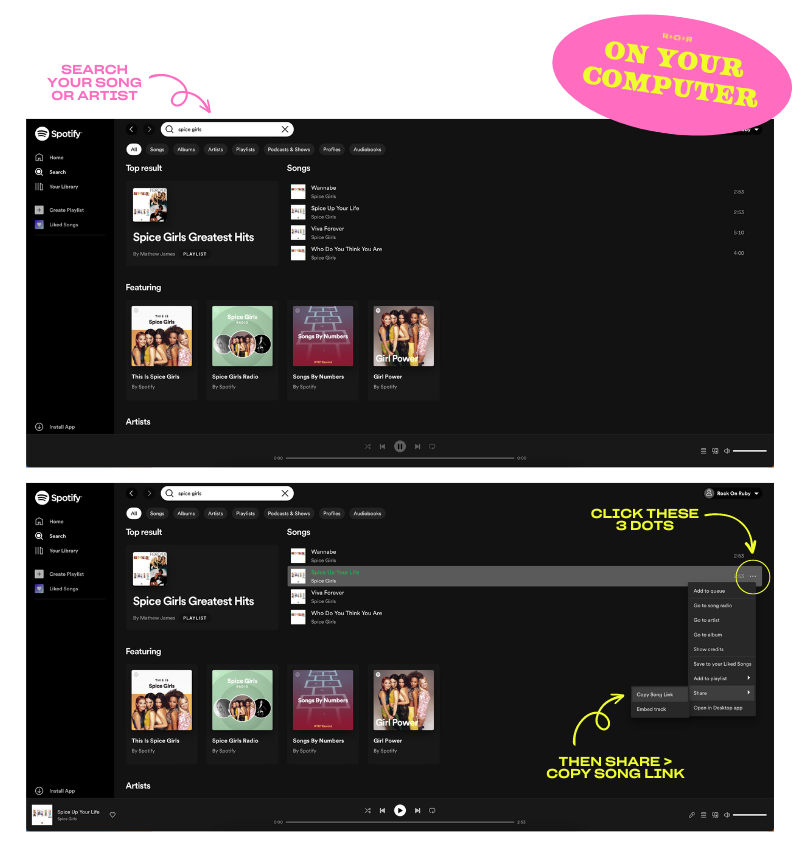 how to copy a spotify song link on computer