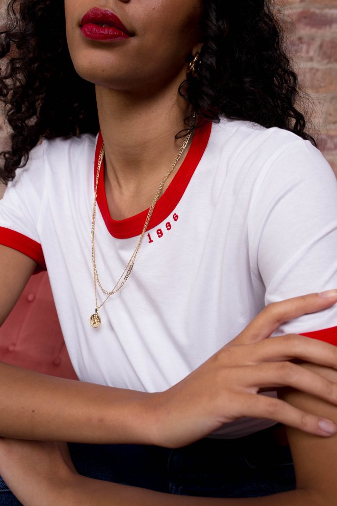 red and white embroidered year ringer t shirt form rock on ruby